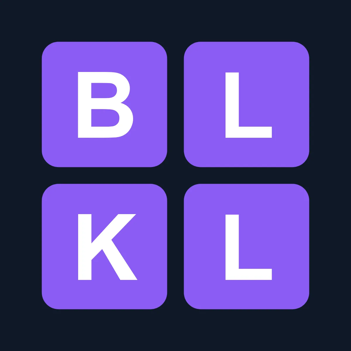 Blockle logo: four purple tiles reading B, L, K, L