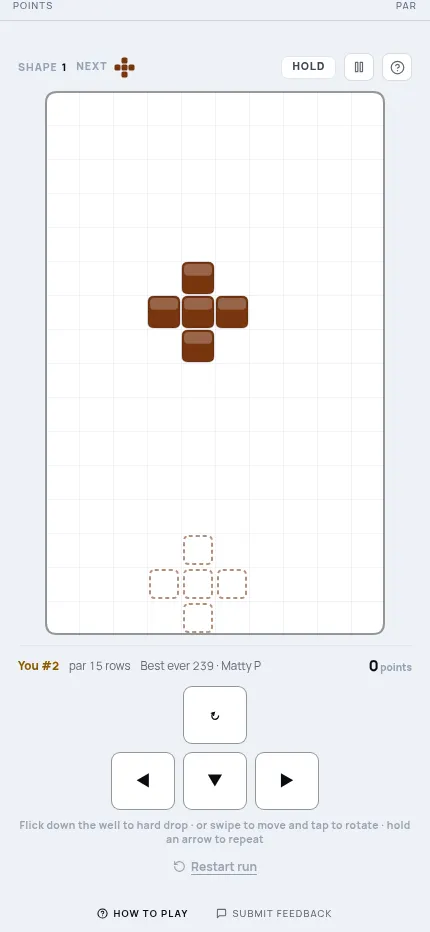 Blocks on a phone, 21 Oct 2026: the plus shape over the empty well with its landing guide, and the rotate, left, drop and right buttons below