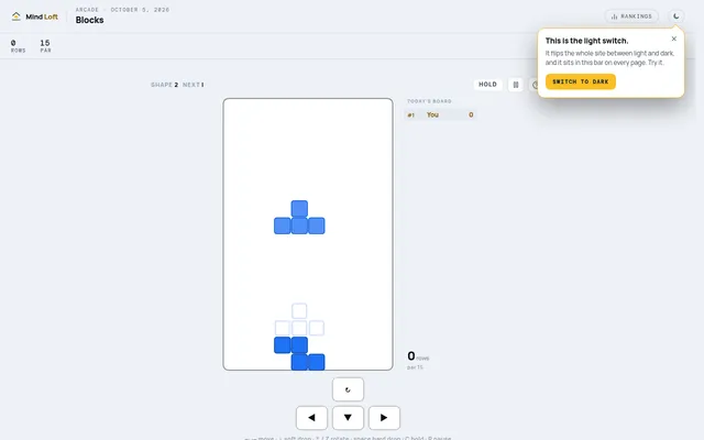 Blocks in play: a falling T shape over the well, today's board of rows cleared and the par of 15 rows