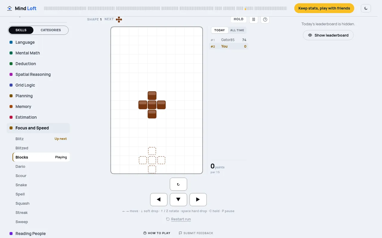 Blocks on 21 Oct 2026 at desktop size: the first shape of the day, a plus, falling into the empty ten-column well beside today's standings and the par of 15 points