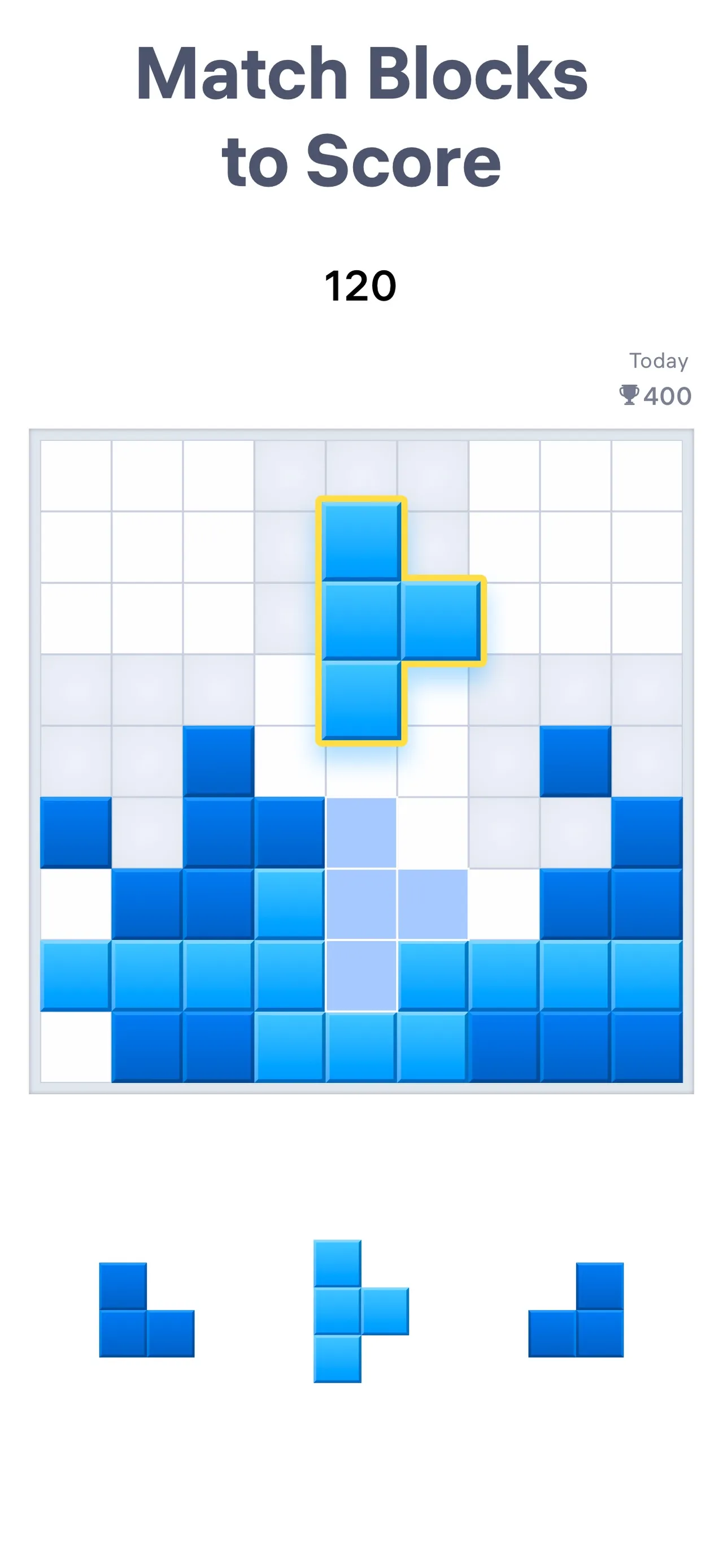 Blockudoku board with blocks placed on a 9 by 9 grid and a score above it