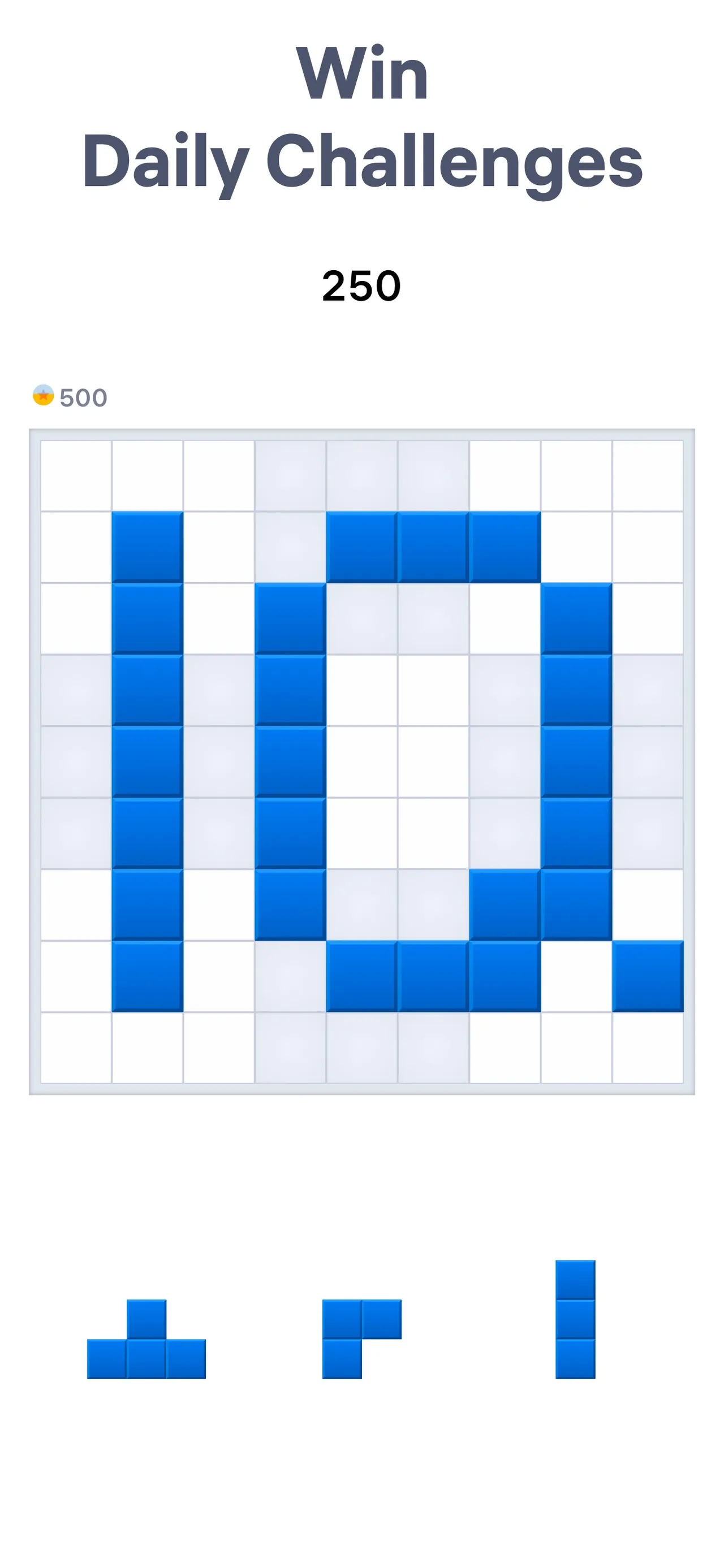 Blockudoku Daily Challenge board with a preset pattern of blue blocks and three shapes to place
