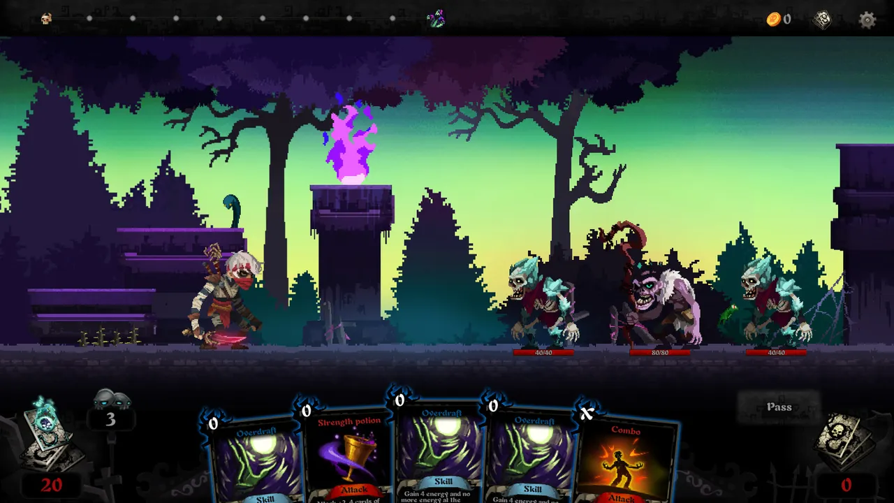 Blood Card: the hero fights three ghouls in a purple forest under a green sky, holding Overdraft, Strength Potion and Combo cards