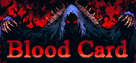 Blood Card key art from its Steam page: a hooded Death figure with red eyes above the game's red title
