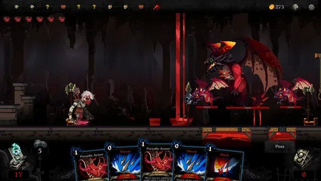 Blood Card gameplay: the white-haired hero faces a red winged dragon and two small dragons in a cave, with a hand of five cards and 17 cards left in the draw pile