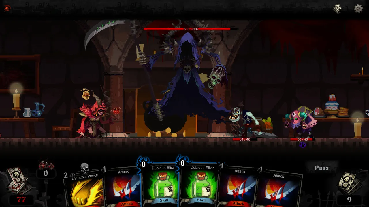 Blood Card: Death with its scythe and a 666 health bar looms over a battle between a red-feathered heroine and two monsters, with attack and elixir cards in hand