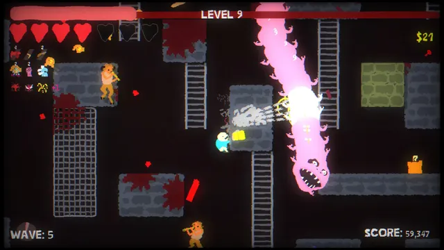 Blood Dungeon gameplay: a small character fires at a giant pink worm among ladders and stone blocks, with wave and score counters