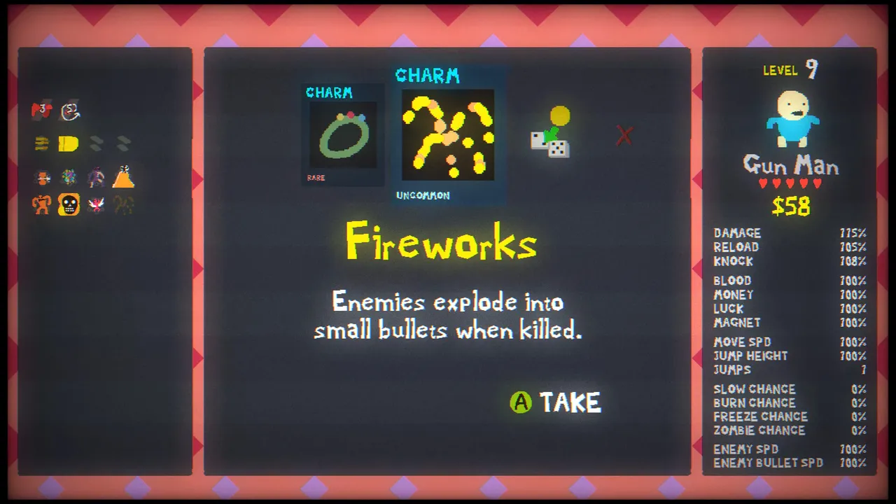 Blood Dungeon level-up screen: Gun Man at level 9 picks the Fireworks charm, with his stats listed on the right