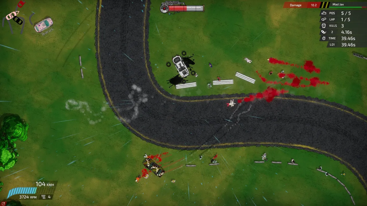 Bloody Rally Show race on a grass track with blood splatter, a wrecked car and readouts for position, lap, kills and time