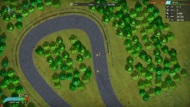 Top-down view of two rally cars on an asphalt hairpin through woods, with lap time, kills and speed readouts