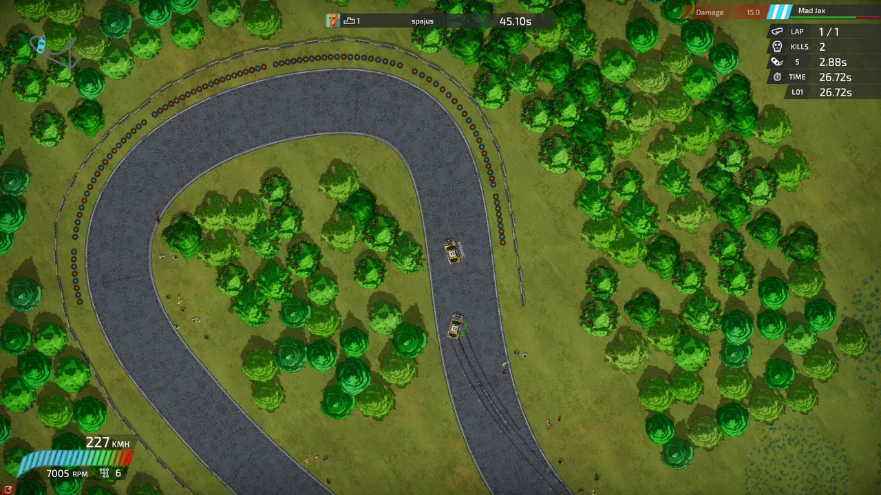 Top-down view of two rally cars on an asphalt hairpin through woods, with lap time, kills and speed readouts