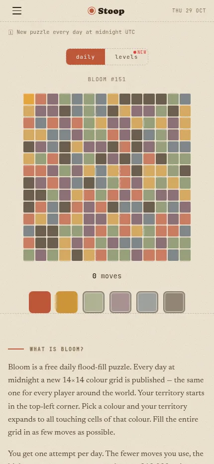 Bloom #151 at phone size: the 14x14 daily grid fills the screen width, with the six colour buttons below it