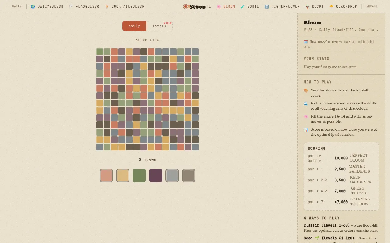 Bloom #128: a 14x14 grid of muted colours with six colour buttons below and the scoring table beside it