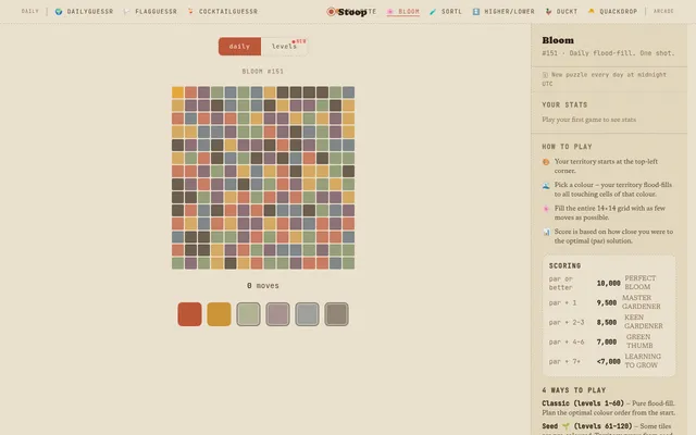 Bloom #151 on 29 October 2026: today's 14x14 grid of muted colours at 0 moves, with six colour buttons below and the scoring table beside it