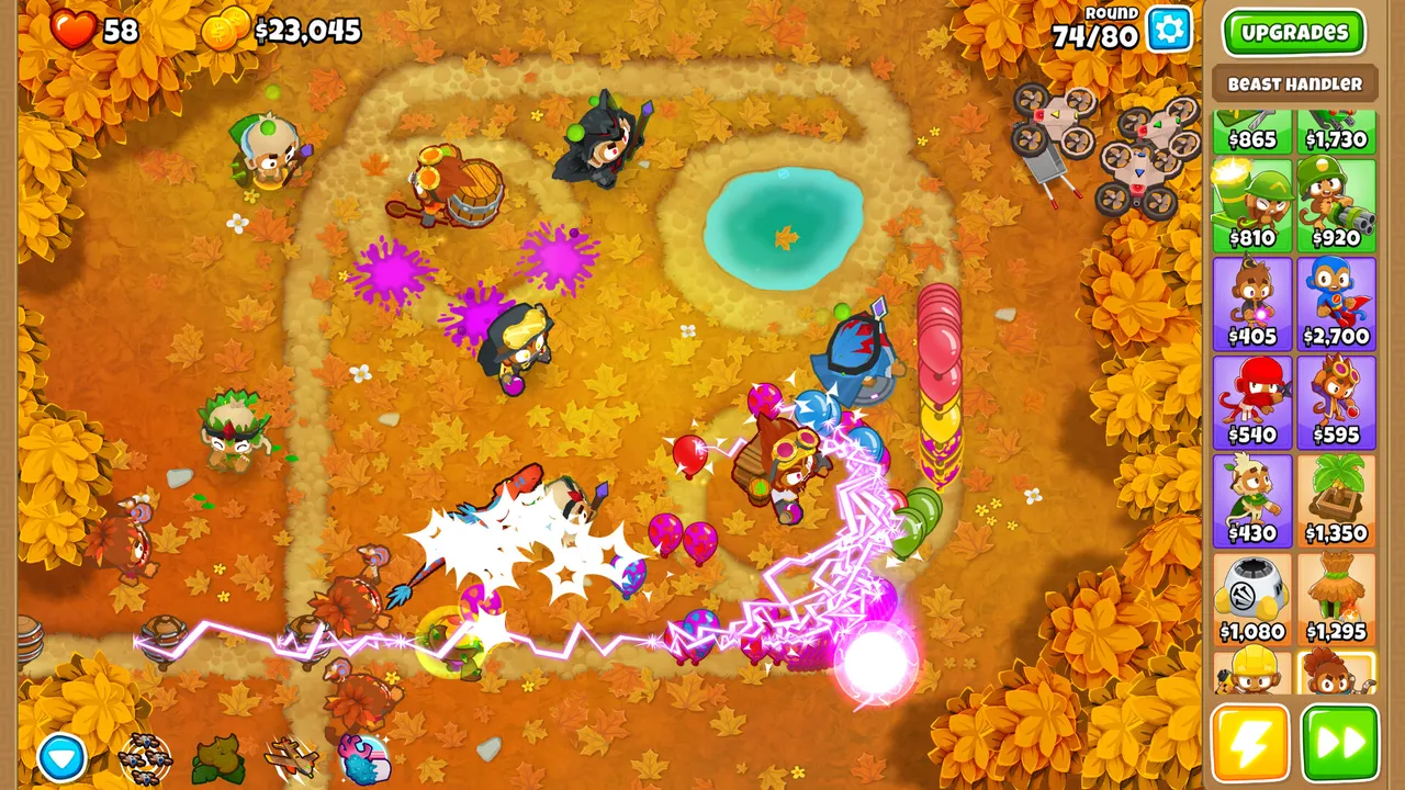 Bloons TD 6 at round 74 of 80 on an autumn map, heroes and monkey towers firing lightning at a stream of bloons, tower shop on the right