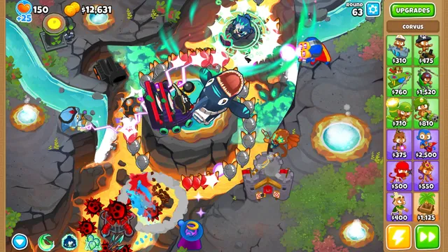Bloons TD 6 at round 63 with monkey towers attacking a large boss bloon on a volcanic map, upgrade panel on the right