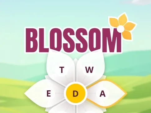 Blossom, Merriam-Webster's daily word game, with seven letters arranged as a flower