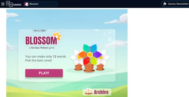 The Blossom start screen for 2 October 2026: the seven-petal letter flower in a pot, You can make only 12 words, a Play button and the Archive link