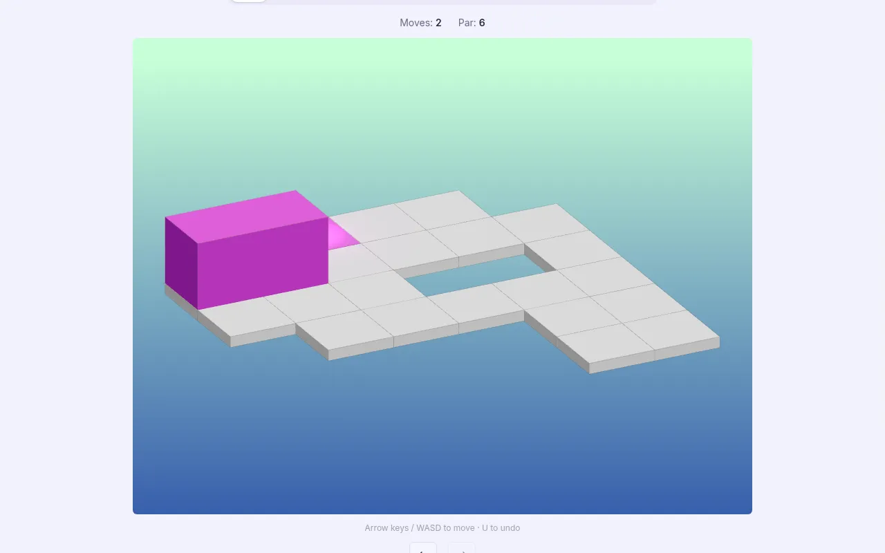 Bloxist mid-play after two moves: the purple block lying flat across two tiles next to the portal