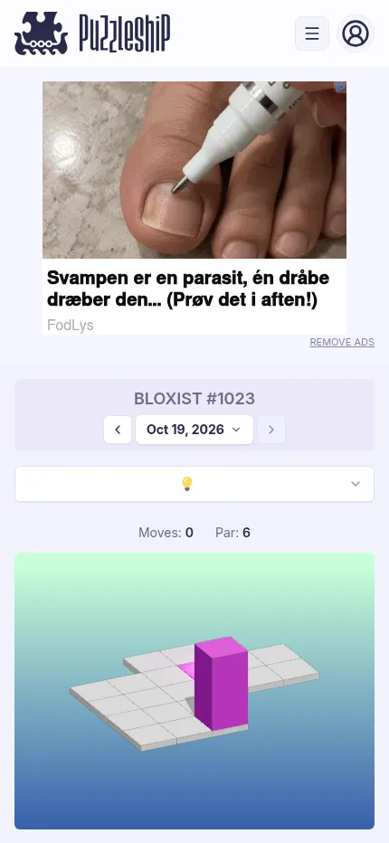 Bloxist #1023 on a phone: a banner ad at the top, then the date, a difficulty dropdown, moves and par above the 3D board