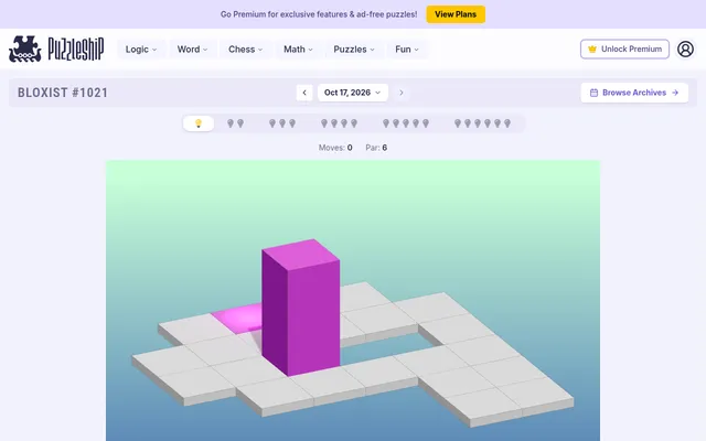 Bloxist #1021 for 17 October 2026, very easy board: a purple block standing upright on a 3D tile grid beside the glowing portal, par 6