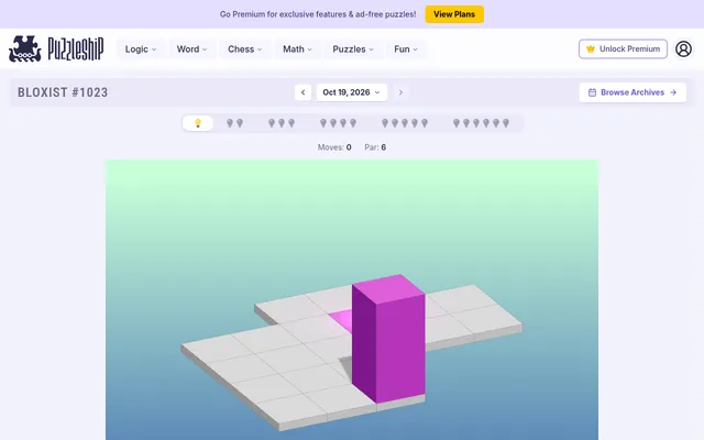 Bloxist #1023 for 19 October 2026, very easy board: the purple block standing upright on a 3D tile grid beside the glowing portal, par 6