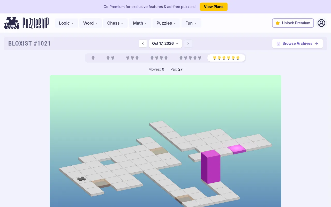 Bloxist #1021 ultra hard board: a long 3D tile layout with a switch tile and special tiles, the block standing near the portal, par 27