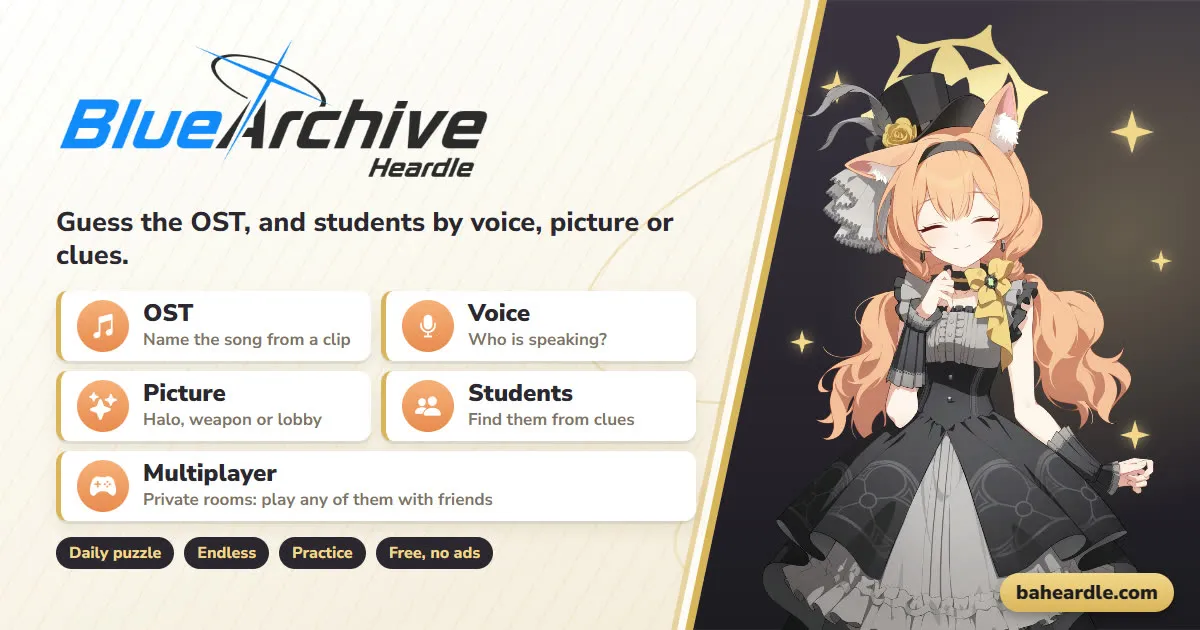 Blue Archive Heardle share image showing the OST, Voice, Picture, Students and Multiplayer games beside the character Mari