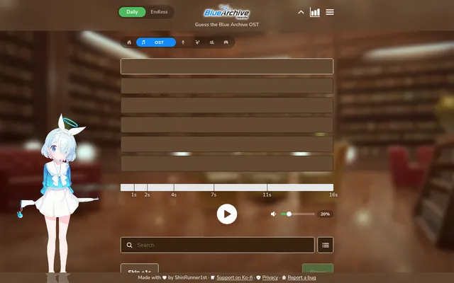 The Blue Archive Heardle daily OST board: six empty guess rows, a clip bar from 1 to 16 seconds, a play button and a song search box
