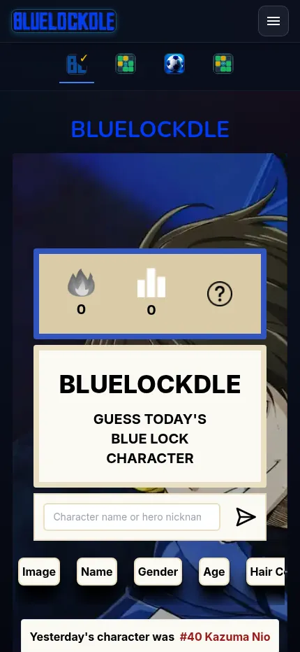Bluelockdle at phone size: the streak and stats panel, the Guess today's Blue Lock character card, the name box, the column headings and yesterday's character #40 Kazuma Nio