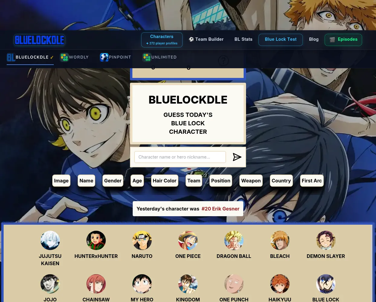 The Bluelockdle board over Blue Lock art: the Guess today's Blue Lock character panel, the name box, the column headings from Image to First Arc, and yesterday's character, #20 Erik Gesner