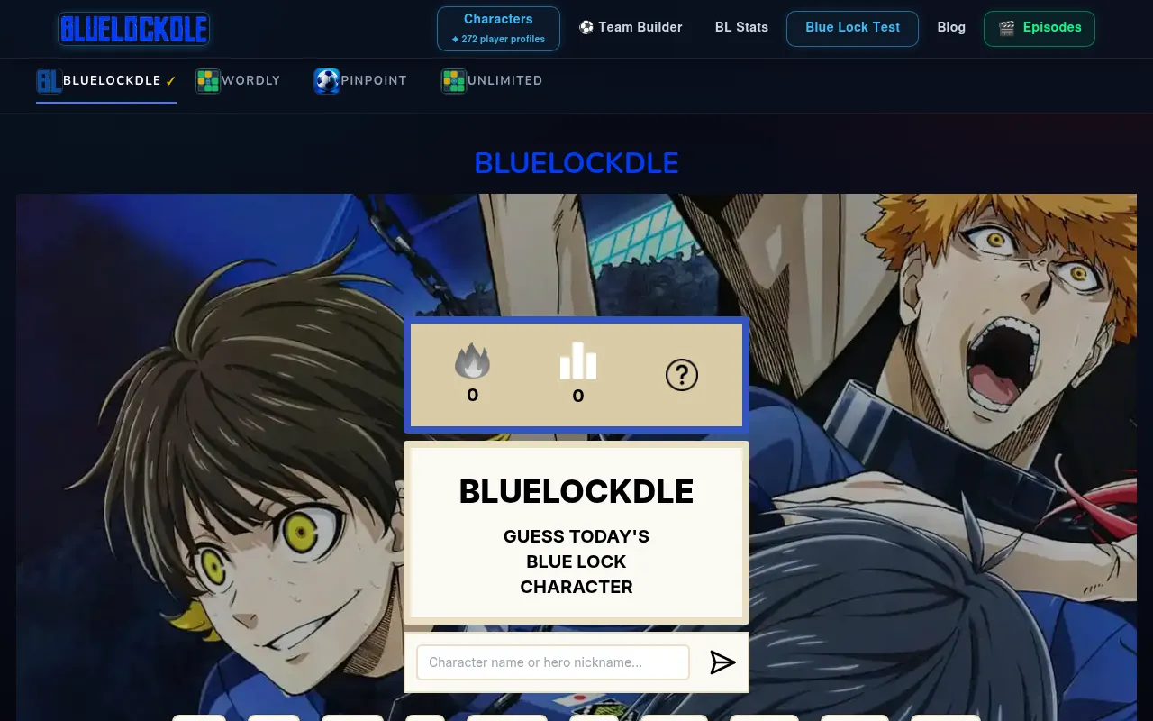 The Bluelockdle home page with the mode tabs Bluelockdle, Wordly, Pinpoint and Unlimited, the streak and stats panel and the character name box in front of Isagi and other Blue Lock players