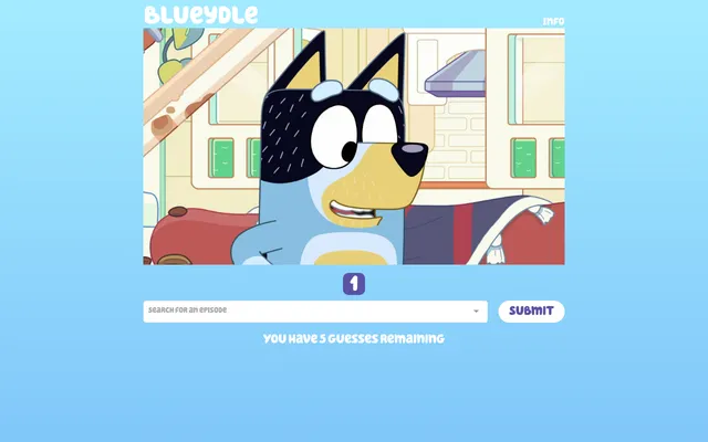 A Blueydle puzzle in play: the Blueydle title above a close-up screenshot of Bandit in the family living room, the first image marker, the Search for an episode box with a Submit button, and the line