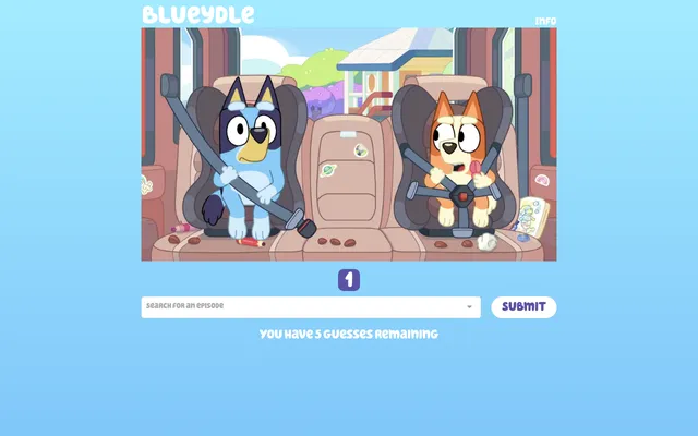 Blueydle puzzle no. 1333 in play: the first screenshot, Bluey and Bingo buckled into car seats, above the Search for an episode box, the Submit button and the line You have 5 guesses remaining