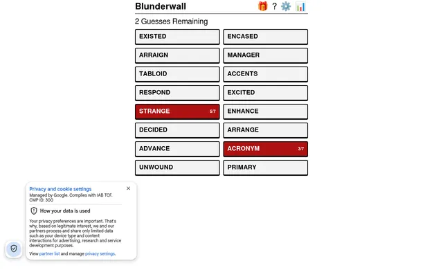 Blunderwall wall for 28 October 2026 with 2 Guesses Remaining: STRANGE scored 5/7 and ACRONYM 3/7 in red among 14 untried words such as ARRANGE and ENHANCE