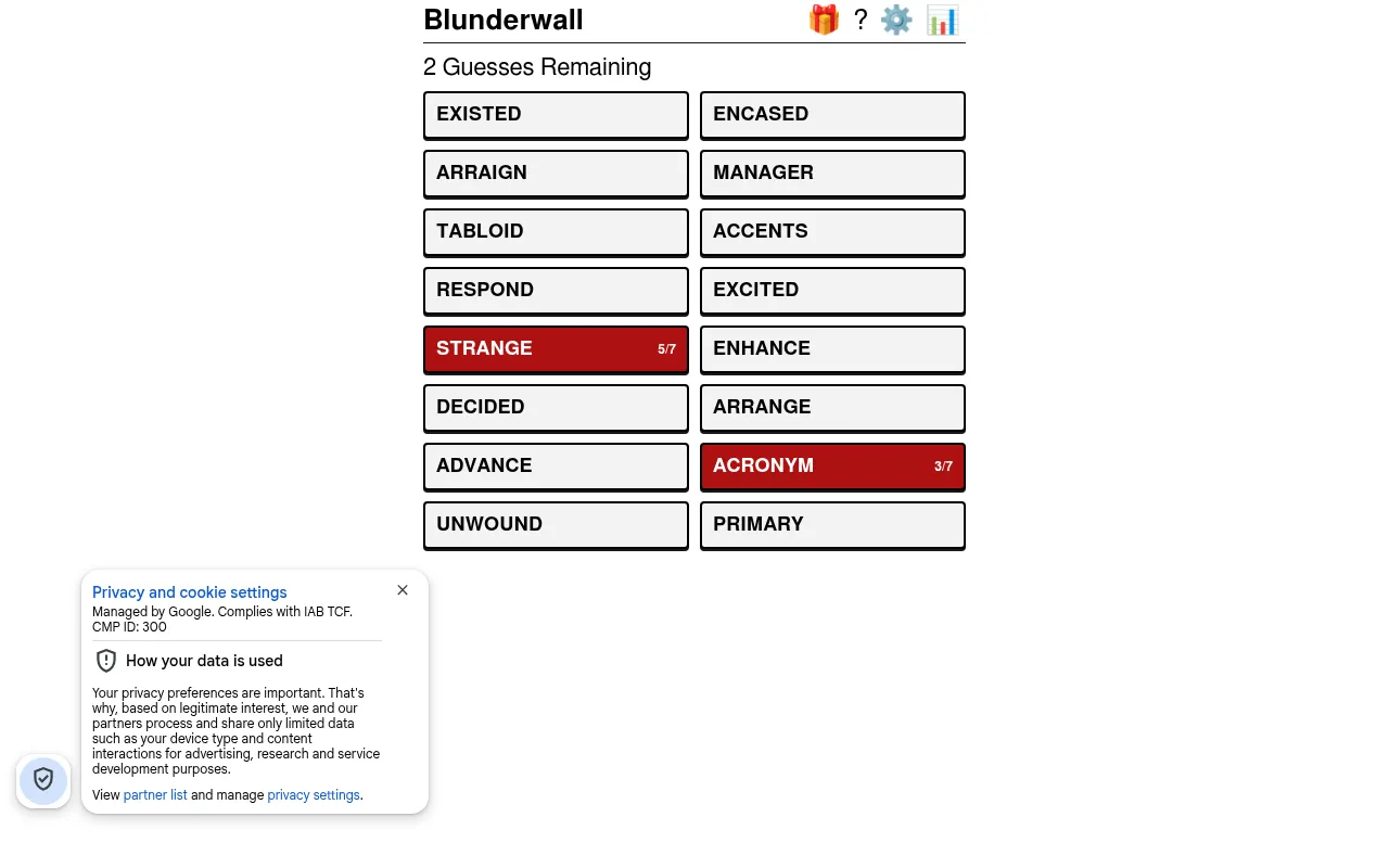 Blunderwall wall for 28 October 2026 with 2 Guesses Remaining: STRANGE scored 5/7 and ACRONYM 3/7 in red among 14 untried words such as ARRANGE and ENHANCE