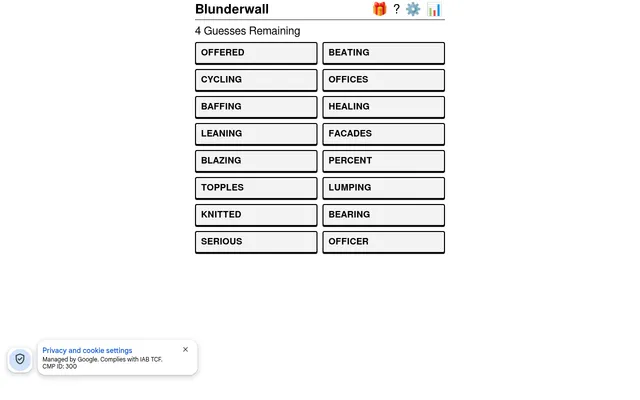 Blunderwall board: 16 word tiles in two columns, including OFFERED, BEATING, CYCLING and OFFICES, under the line 4 Guesses Remaining