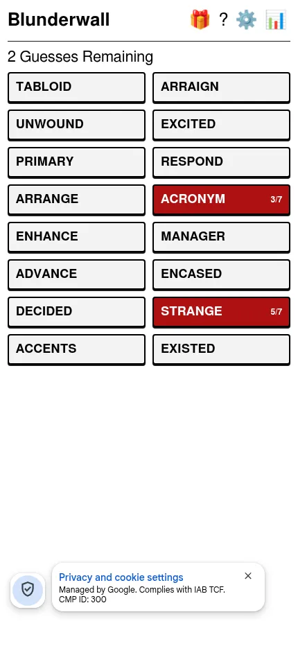 Blunderwall at phone size: the sixteen-word wall in two columns, with ACRONYM 3/7 and STRANGE 5/7 marked as wrong guesses