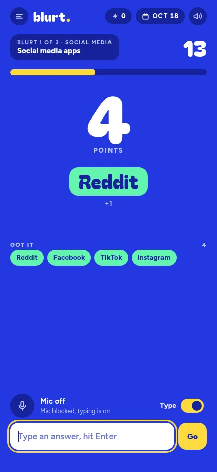 Blurt at phone size: the Social media apps round with four typed answers counted and the answer box at the bottom