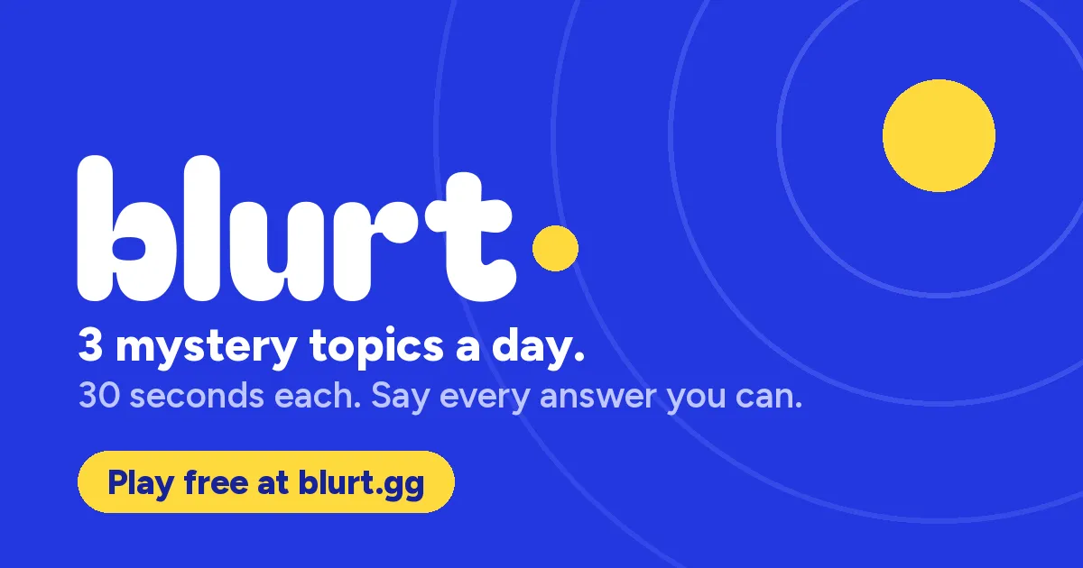 Blurt's own share card: the blurt. logo with 3 mystery topics a day, 30 seconds each