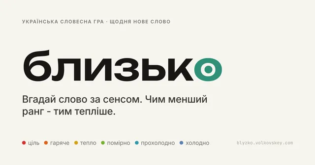 The Близько card: Вгадай слово за сенсом, with a scale from cold to target