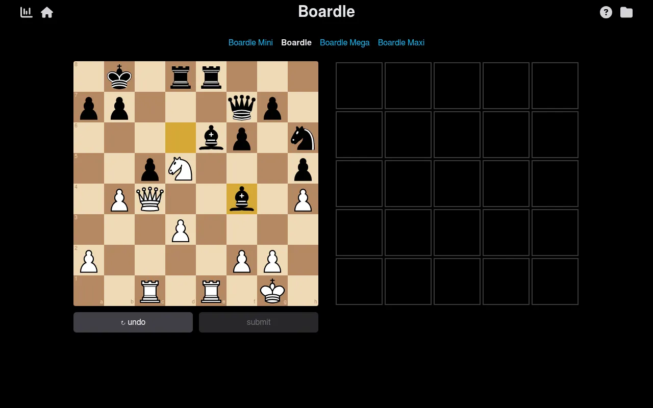 Boardle's daily puzzle: a chess position with both kings castled short beside an empty five by five grid of move tiles, with undo and submit buttons