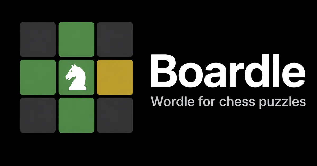 Boardle share card: a three by three grid of green, yellow and grey tiles with a white knight in the centre, and the words Boardle, Wordle for chess puzzles