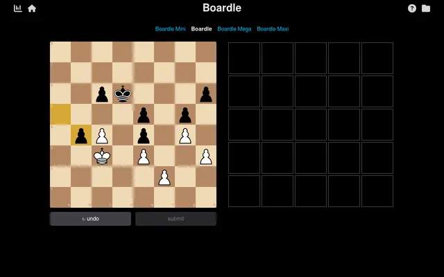 Today's Boardle puzzle #131: a king and pawn ending with White's king on c3 in check beside an empty five by five grid of move tiles