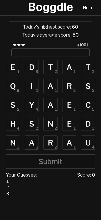 Boggdle board #1001 at phone size: the 5x5 letter grid with tile values, three hearts, the Submit button and three empty guess lines