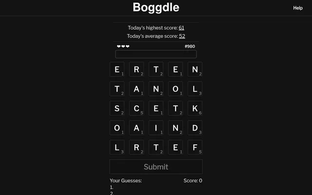 Boggdle board #980: a 5x5 grid of letter tiles with point values, three hearts, today's highest score 61 and average 52, and a Submit button