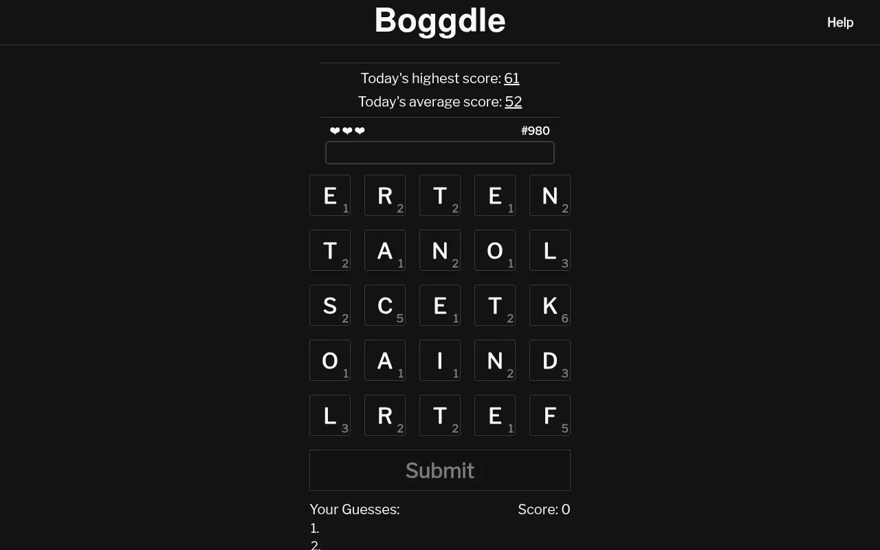 Boggdle board #980: a 5x5 grid of letter tiles with point values, three hearts, today's highest score 61 and average 52, and a Submit button
