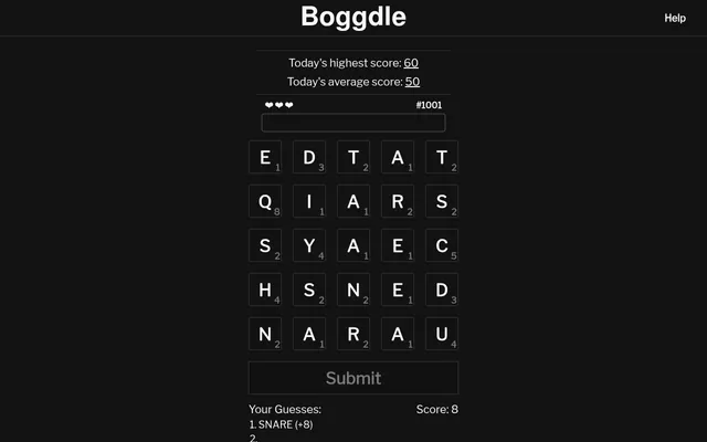 Boggdle board #1001 on 27 October 2026: a 5x5 grid of point-valued letter tiles, today's highest score 60 and average 50, with SNARE played for 8 points