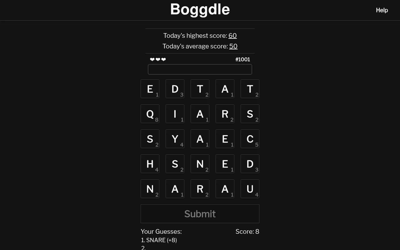 Boggdle board #1001 on 27 October 2026: a 5x5 grid of point-valued letter tiles, today's highest score 60 and average 50, with SNARE played for 8 points