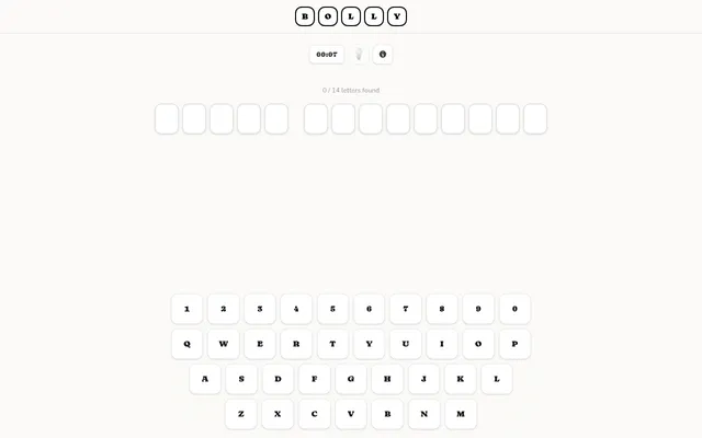BOLLY's daily puzzle: blank tiles for a two-word Bollywood film title, 0 of 14 letters found, a timer and a keyboard of letters and digits